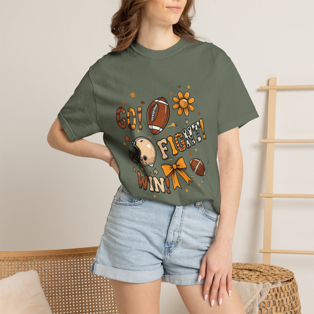 Football Cheerleader Graphic T-Shirt — "Go! Fight! Win!" Game Day Tee