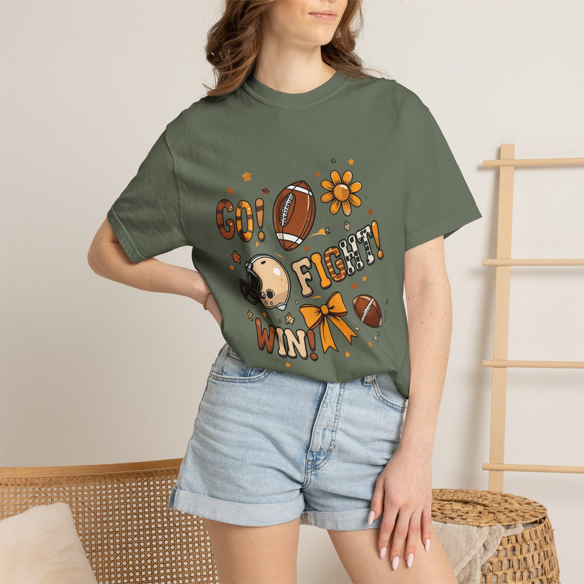Football Cheerleader Graphic T-Shirt — "Go! Fight! Win!" Game Day Tee