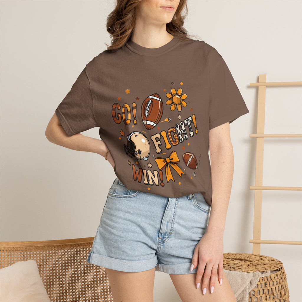 Football Cheerleader Graphic T-Shirt — "Go! Fight! Win!" Game Day Tee