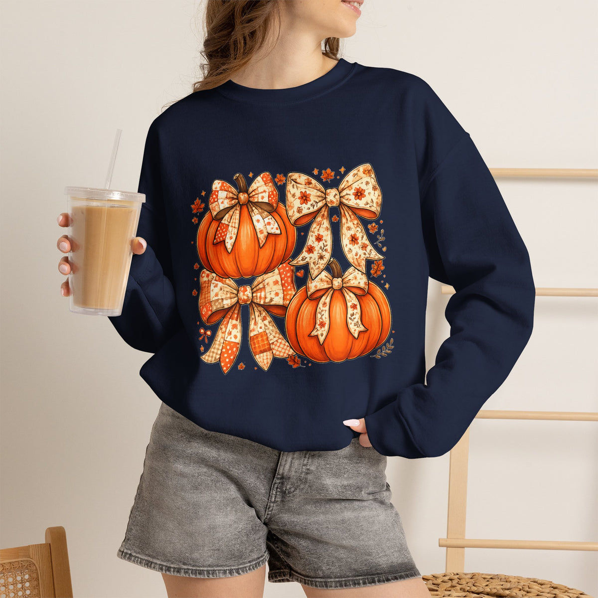 Pumpkin Bow Sweatshirt — Cute Fall Pumpkin Trio Graphic Crewneck