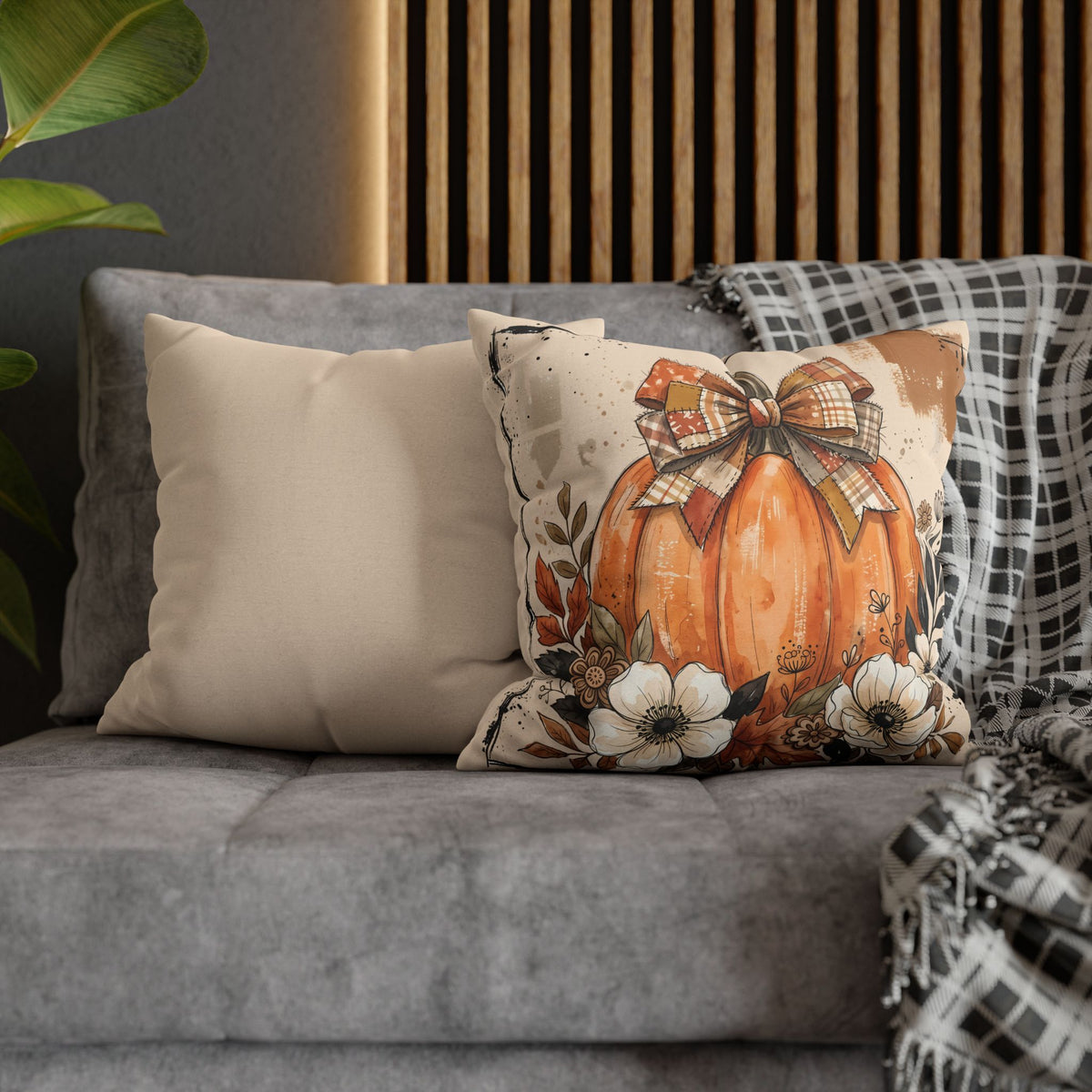 Autumn Pumpkin Pillowcase — Fall Plaid Bow Decorative Cushion Cover