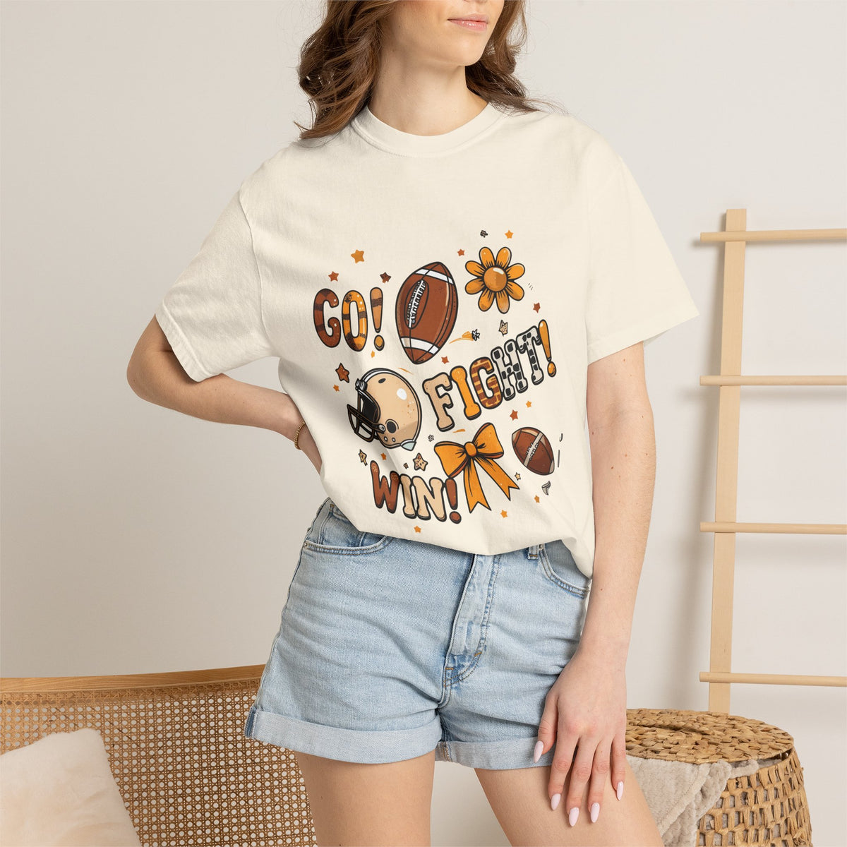 Football Cheerleader Graphic T-Shirt — "Go! Fight! Win!" Game Day Tee