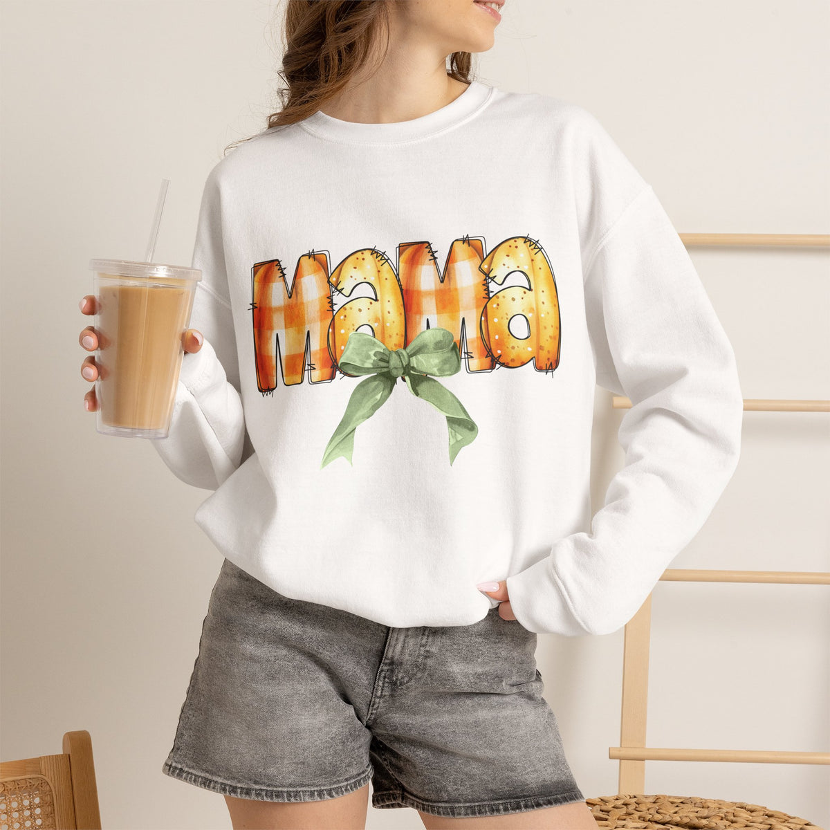 Mama Pumpkin Crewneck Sweatshirt — Autumn Mom Gift with Green Bow