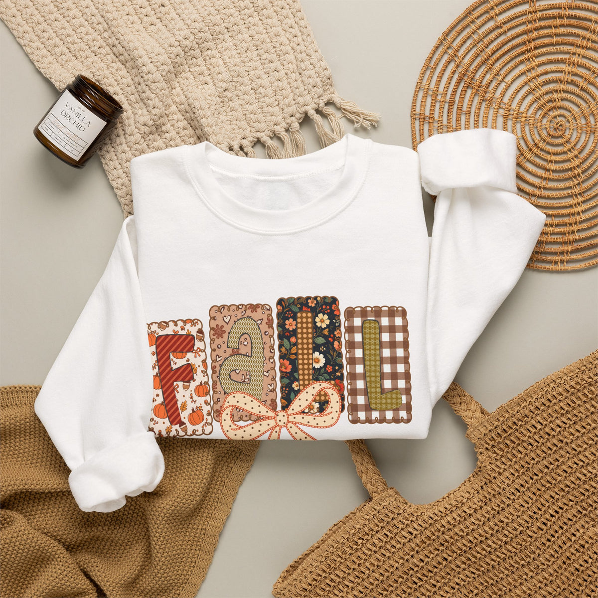 Fall Patchwork Crewneck Sweatshirt — Cozy Autumn Graphic Pullover