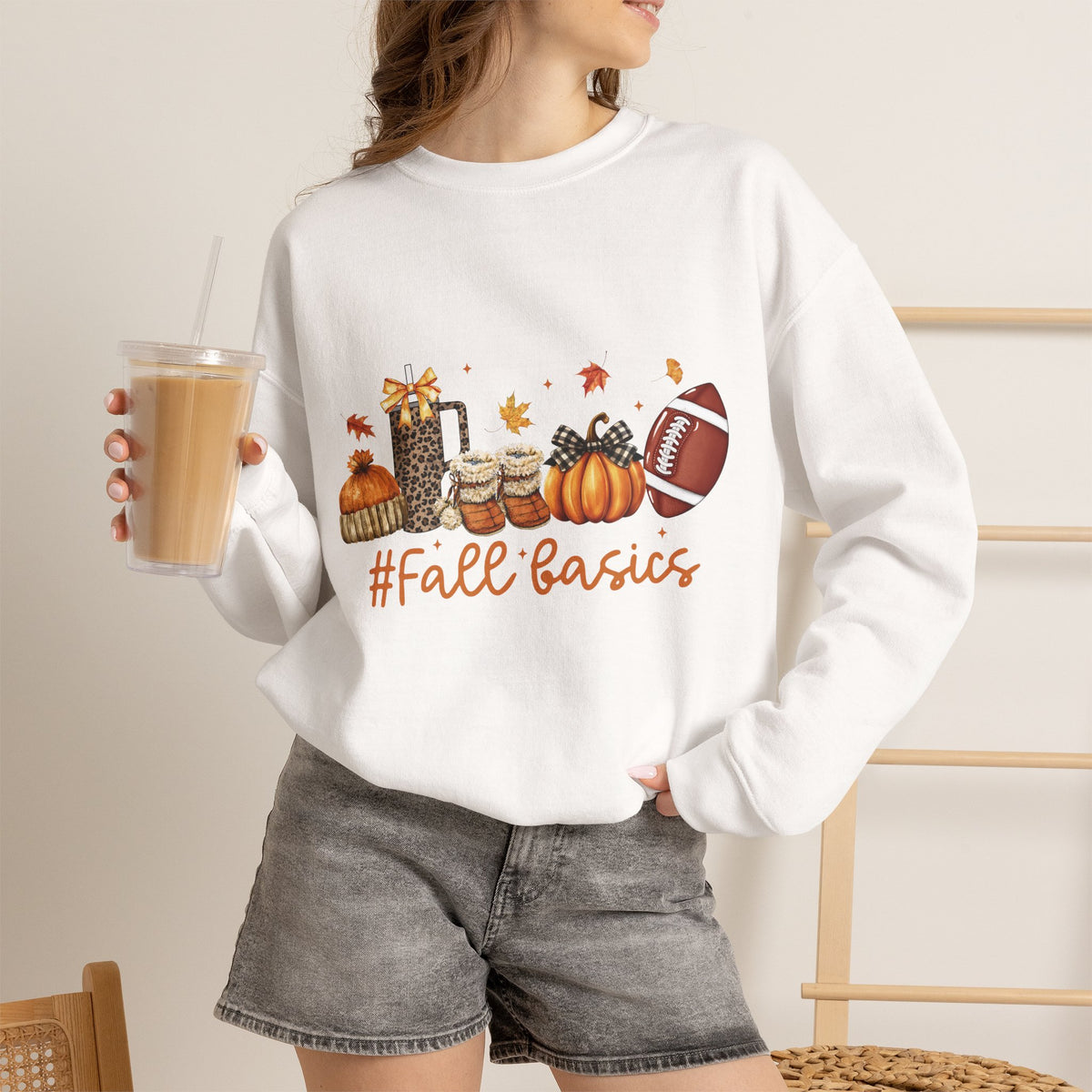 Fall Basics Crewneck Sweatshirt — Cozy Autumn Graphic Sweatshirt with Pumpkins, Coffee & Football