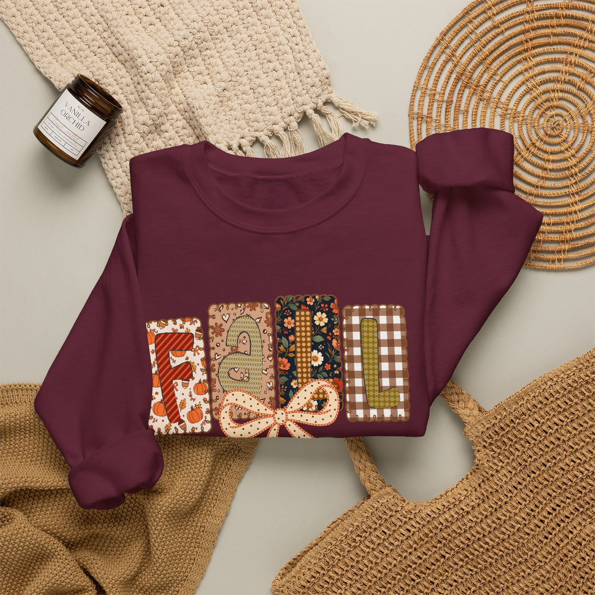 Fall Patchwork Crewneck Sweatshirt — Cozy Autumn Graphic Pullover