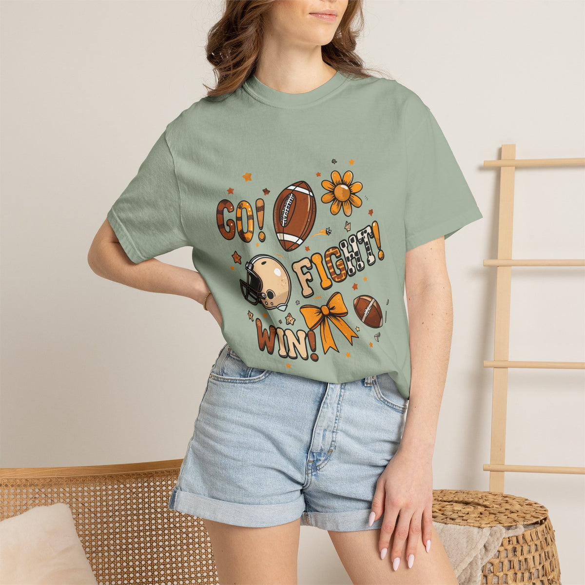 Football Cheerleader Graphic T-Shirt — "Go! Fight! Win!" Game Day Tee