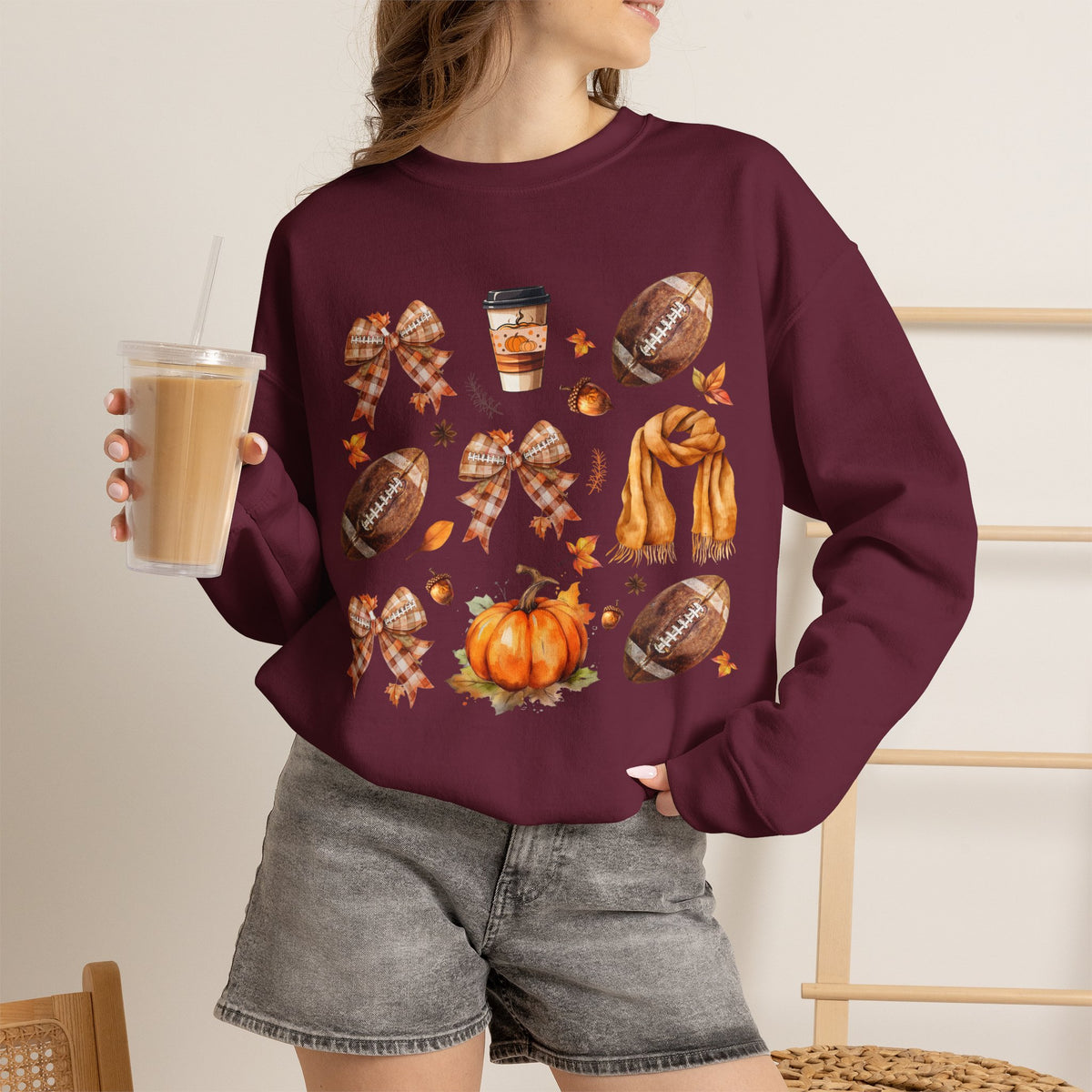 Fall Football Collage Sweatshirt — Pumpkin, Scarf & Coffee Seasonal Crewneck