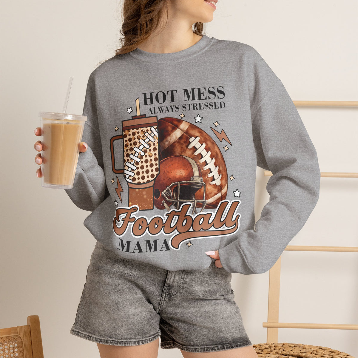 Football Mama Sweatshirt - "Hot Mess Always Stressed" Cozy Game Day Crewneck