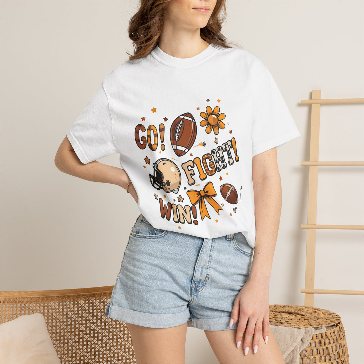 Football Cheerleader Graphic T-Shirt — "Go! Fight! Win!" Game Day Tee
