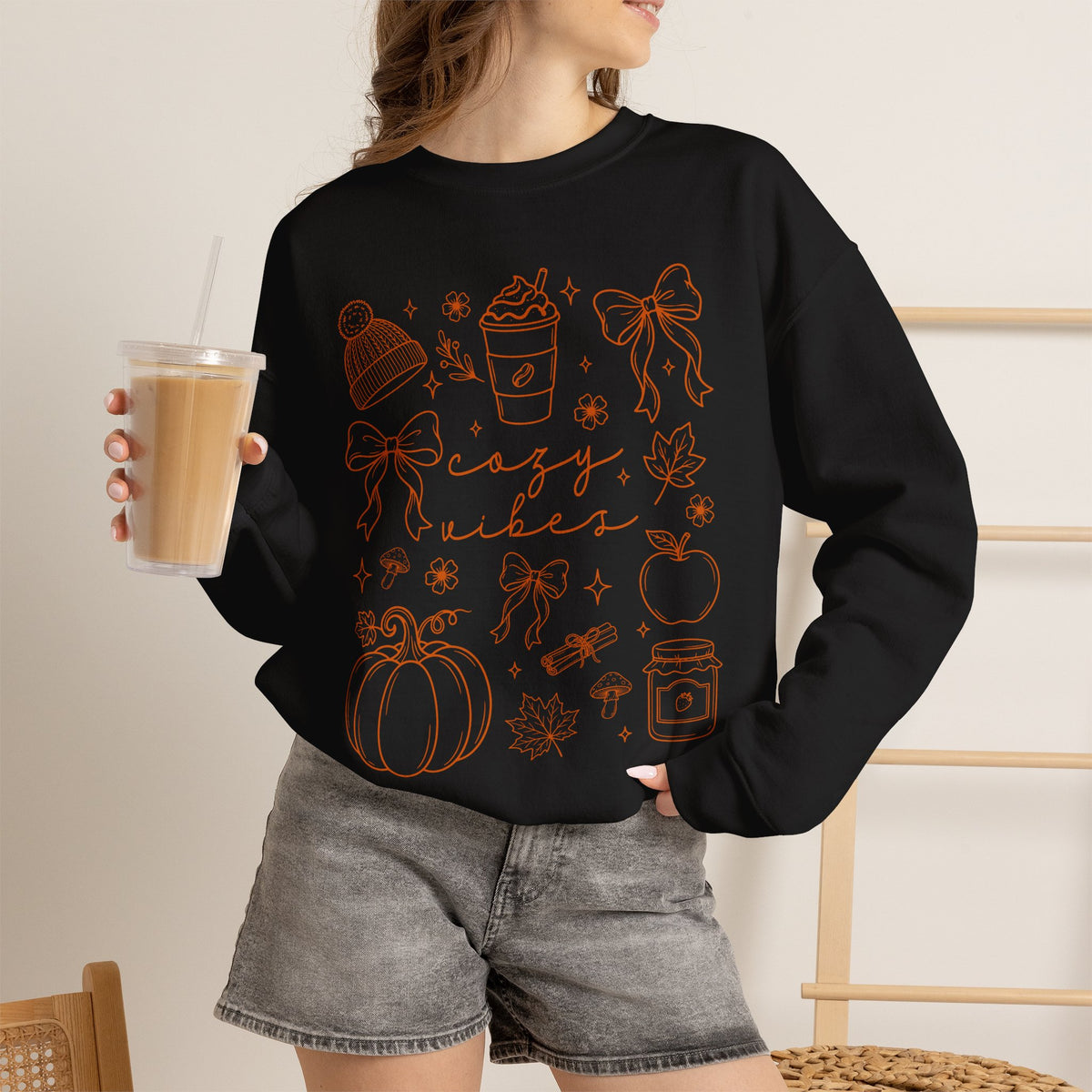 Cozy Vibes Crewneck Sweatshirt — Autumn Doodle Design (Pumpkin, Hot Cocoa, 'Cozy Vibes')