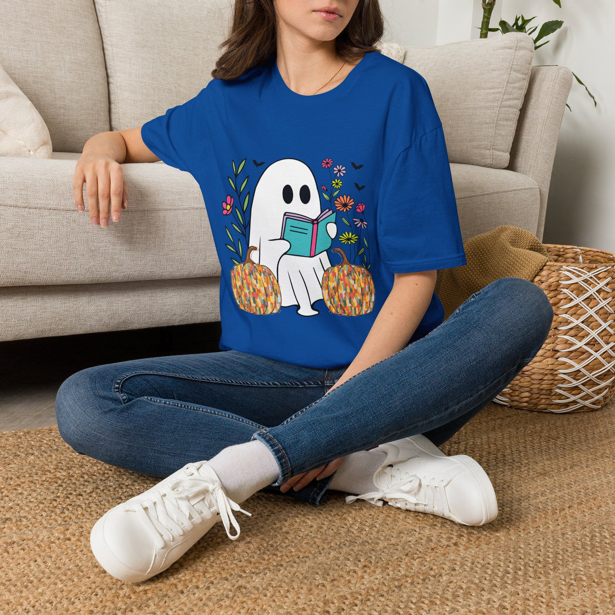 Ghost Reading T‑Shirt — Cute Pumpkin & Floral Halloween Tee
