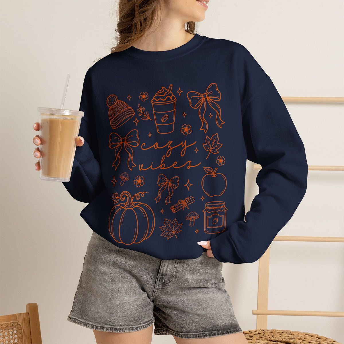 Cozy Vibes Crewneck Sweatshirt — Autumn Doodle Design (Pumpkin, Hot Cocoa, 'Cozy Vibes')