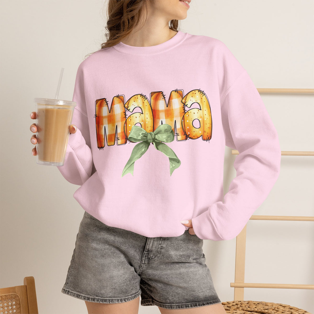 Mama Pumpkin Crewneck Sweatshirt — Autumn Mom Gift with Green Bow
