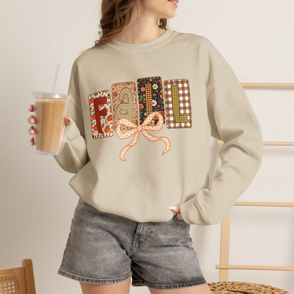 Fall Patchwork Crewneck Sweatshirt — Cozy Autumn Graphic Pullover