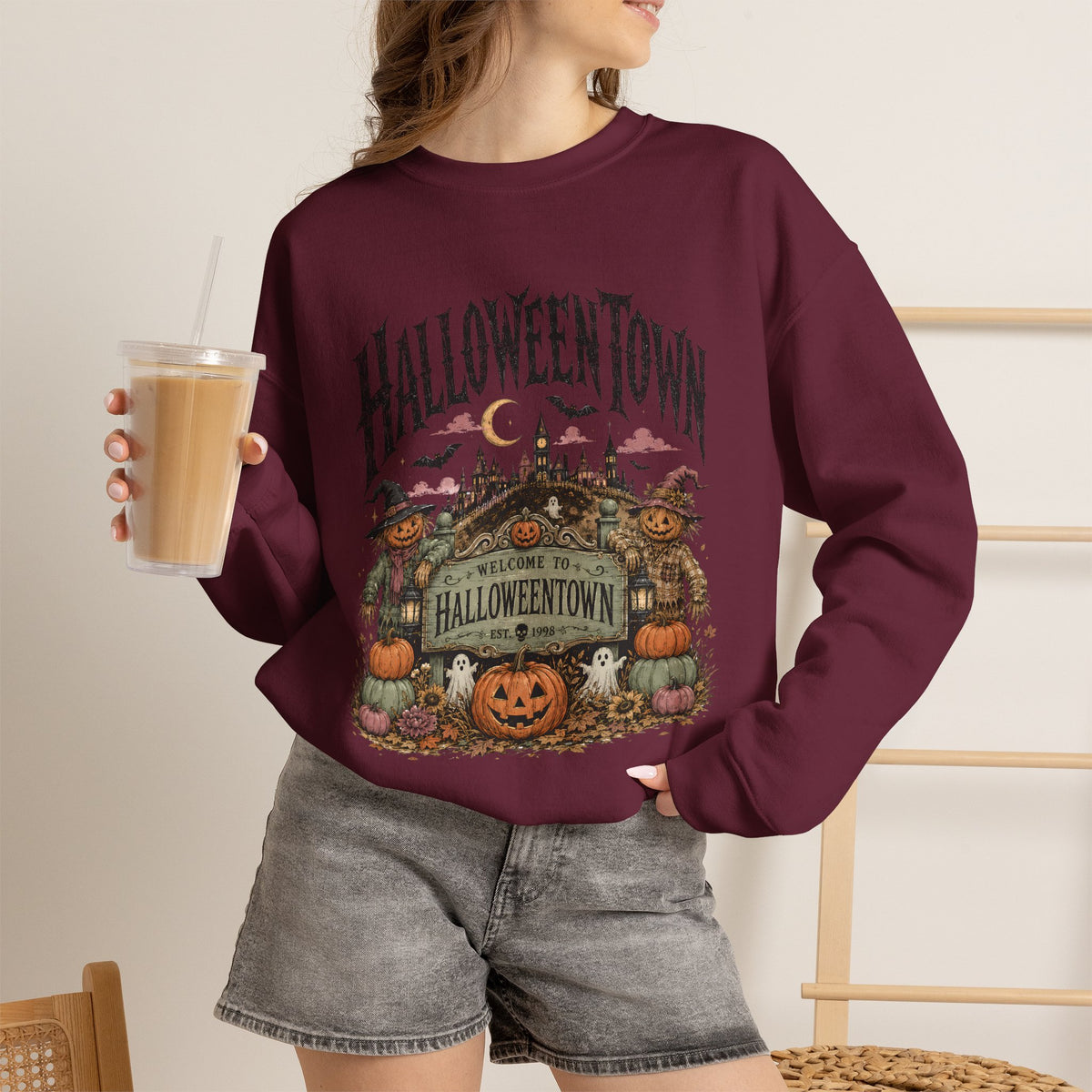 HalloweenTown Crewneck Sweatshirt – Vintage Halloween Pumpkin & Haunted Village Design