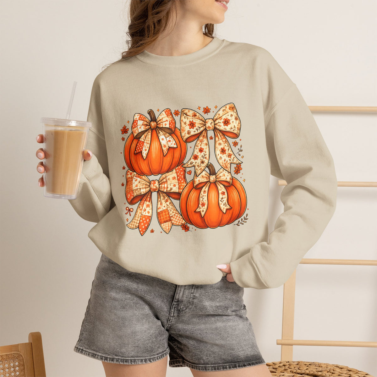 Pumpkin Bow Sweatshirt — Cute Fall Pumpkin Trio Graphic Crewneck