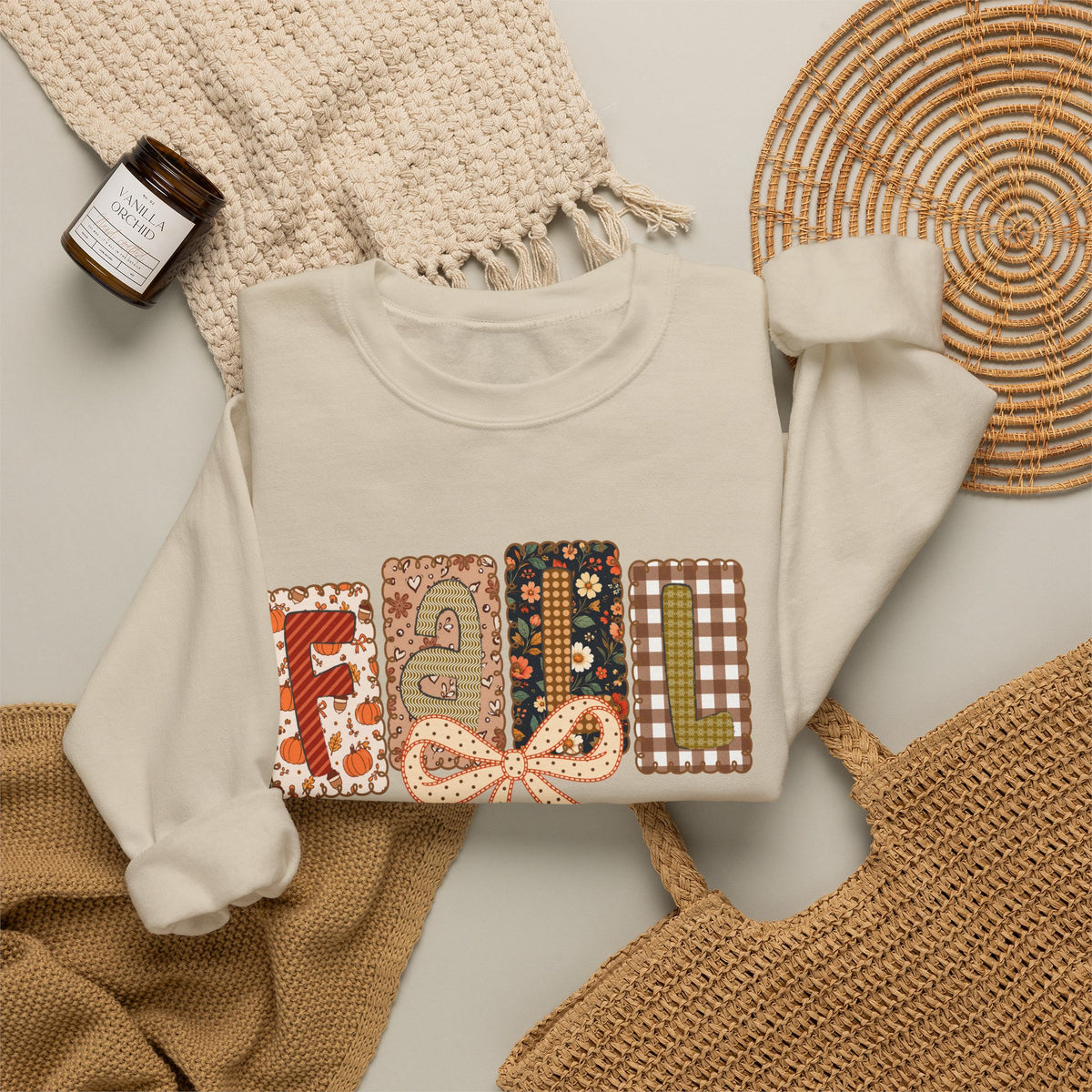 Fall Patchwork Crewneck Sweatshirt — Cozy Autumn Graphic Pullover