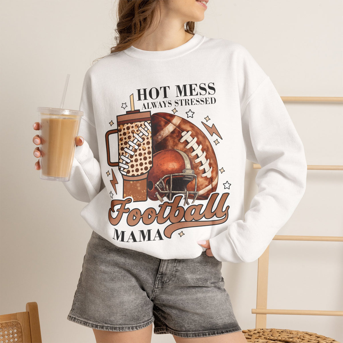 Football Mama Sweatshirt - "Hot Mess Always Stressed" Cozy Game Day Crewneck