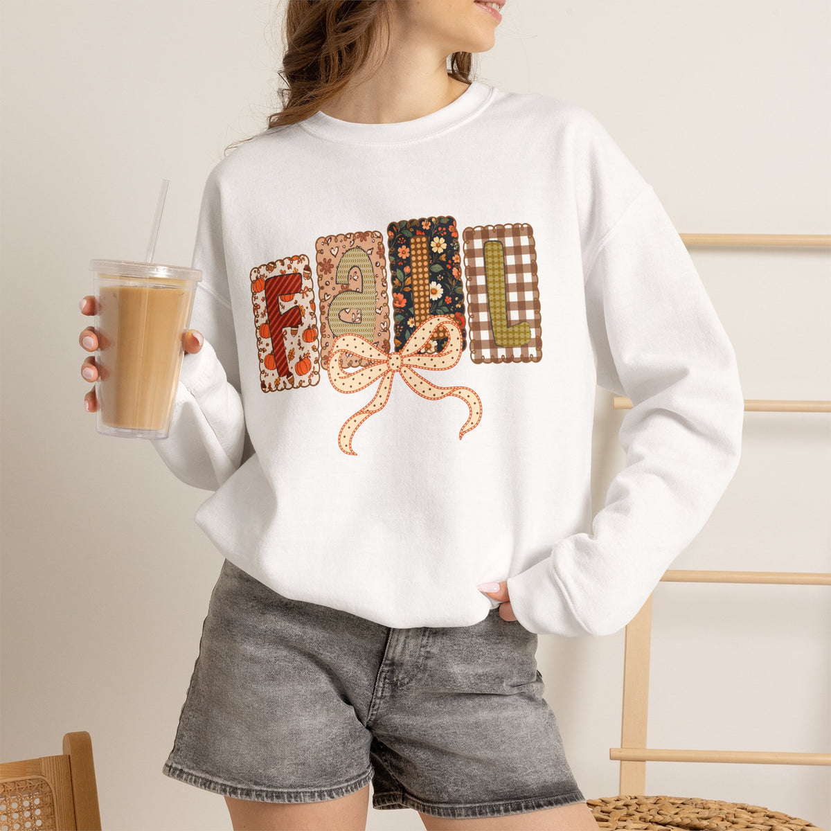Fall Patchwork Crewneck Sweatshirt — Cozy Autumn Graphic Pullover