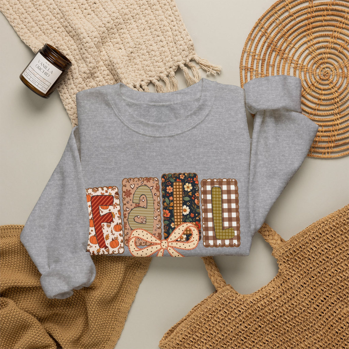 Fall Patchwork Crewneck Sweatshirt — Cozy Autumn Graphic Pullover