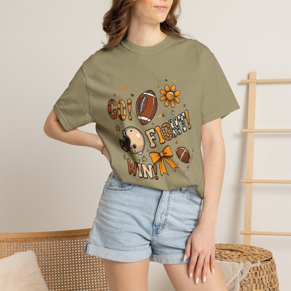 Football Cheerleader Graphic T-Shirt — "Go! Fight! Win!" Game Day Tee