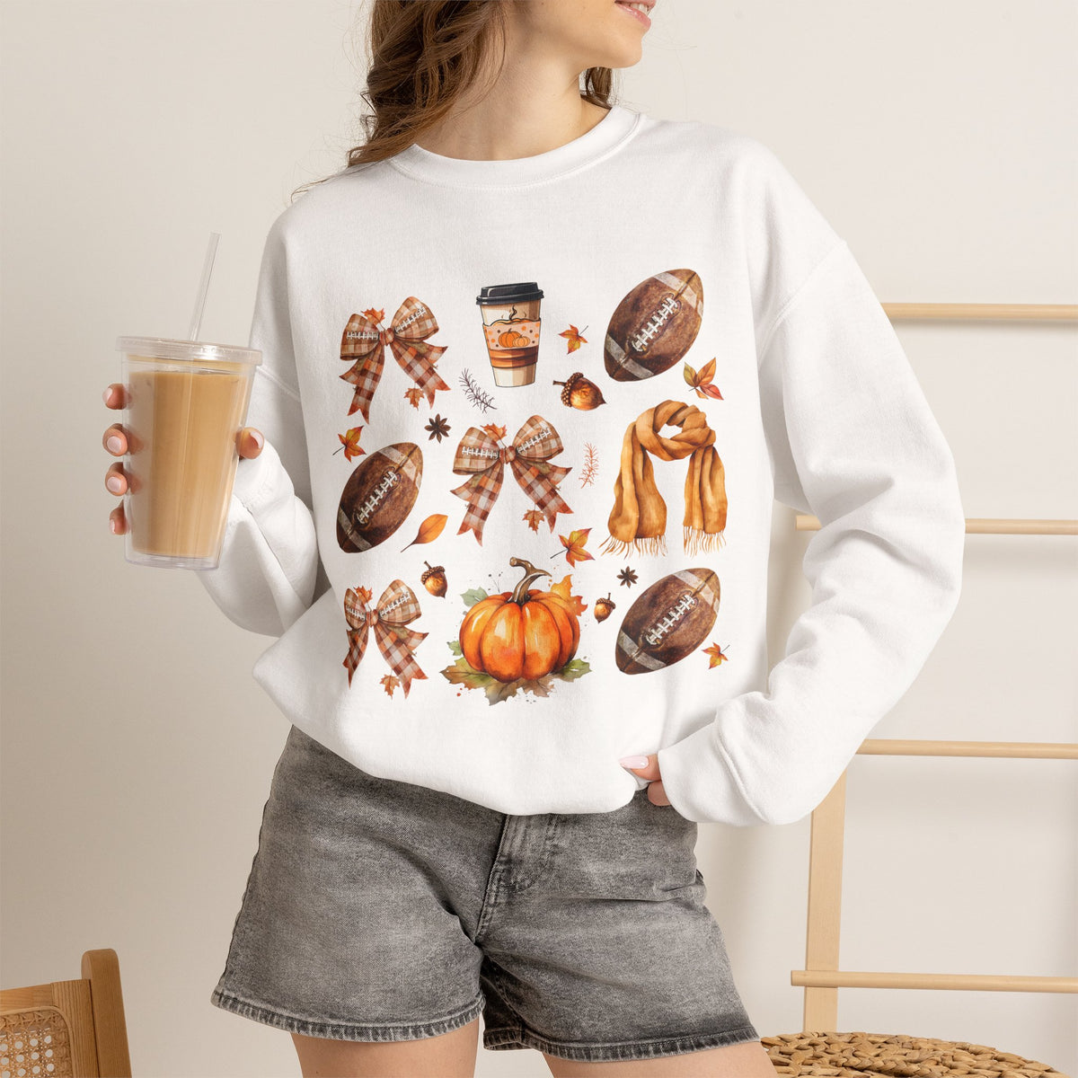 Fall Football Collage Sweatshirt — Pumpkin, Scarf & Coffee Seasonal Crewneck