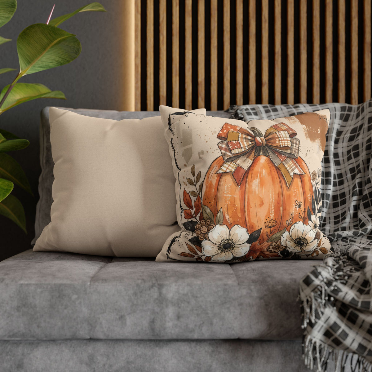 Autumn Pumpkin Pillowcase — Fall Plaid Bow Decorative Cushion Cover