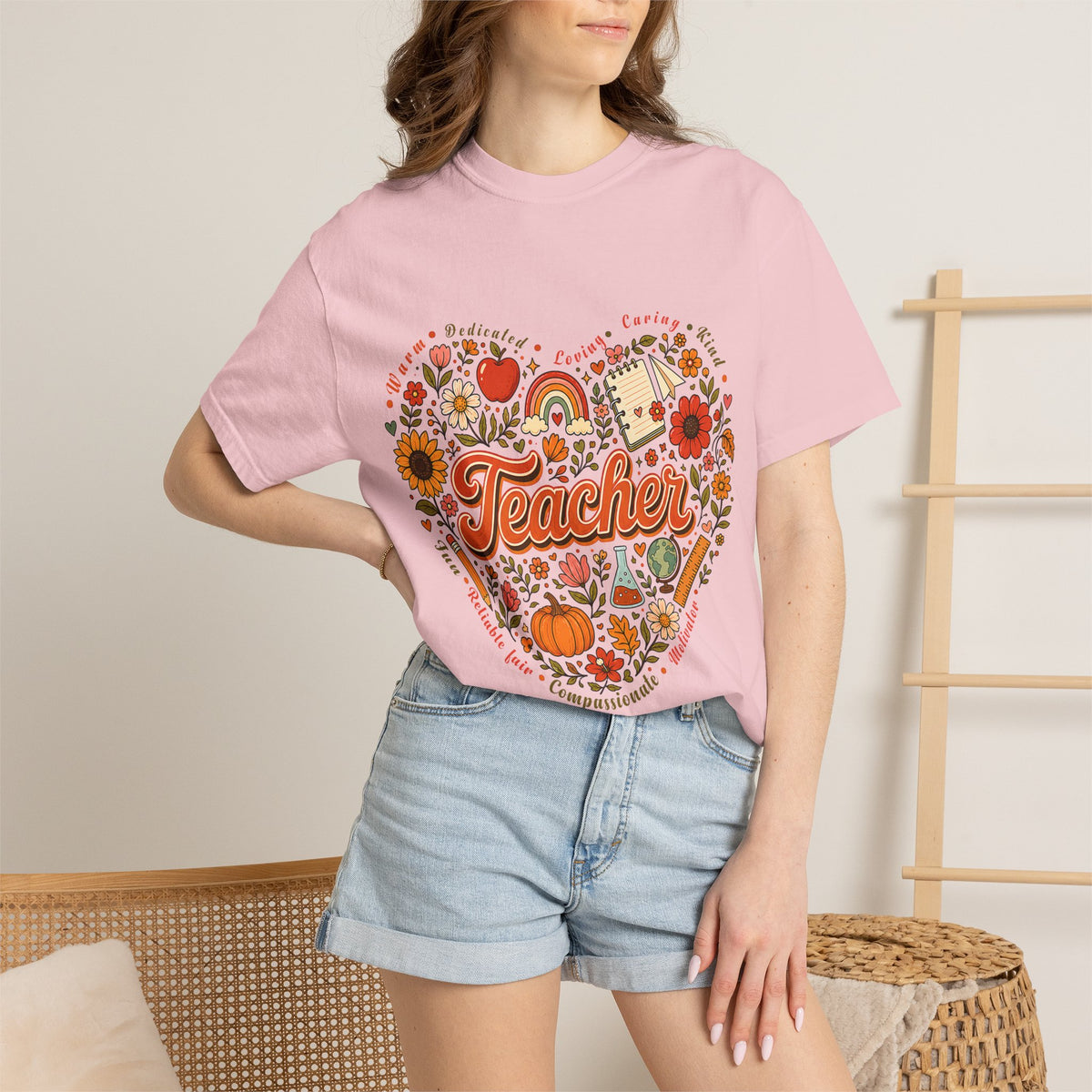 Teacher Heart Autumn Graphic T-Shirt — Fall Apple Pumpkin School Appreciation