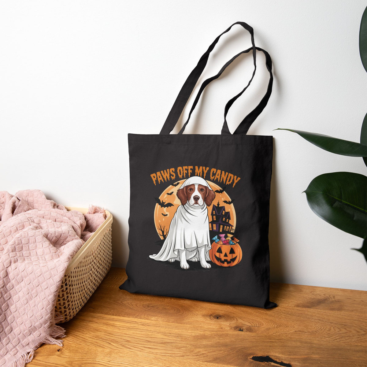 Halloween Dog Tote Bag — "Paws Off My Candy" Cotton Canvas Trick-or-Treat Bag