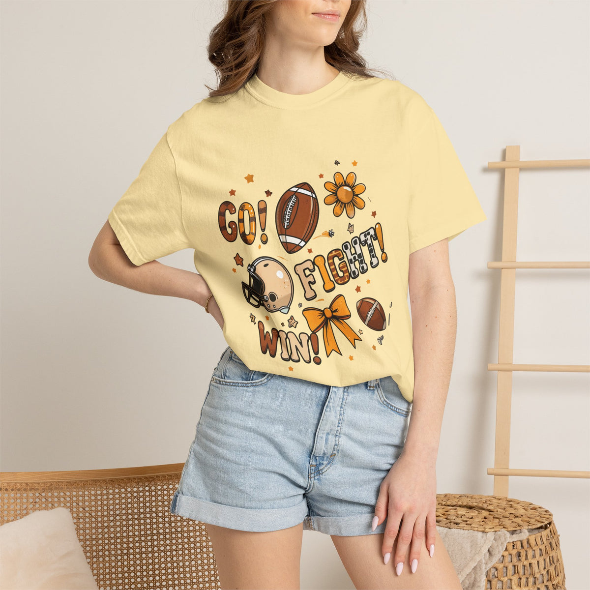 Football Cheerleader Graphic T-Shirt — "Go! Fight! Win!" Game Day Tee