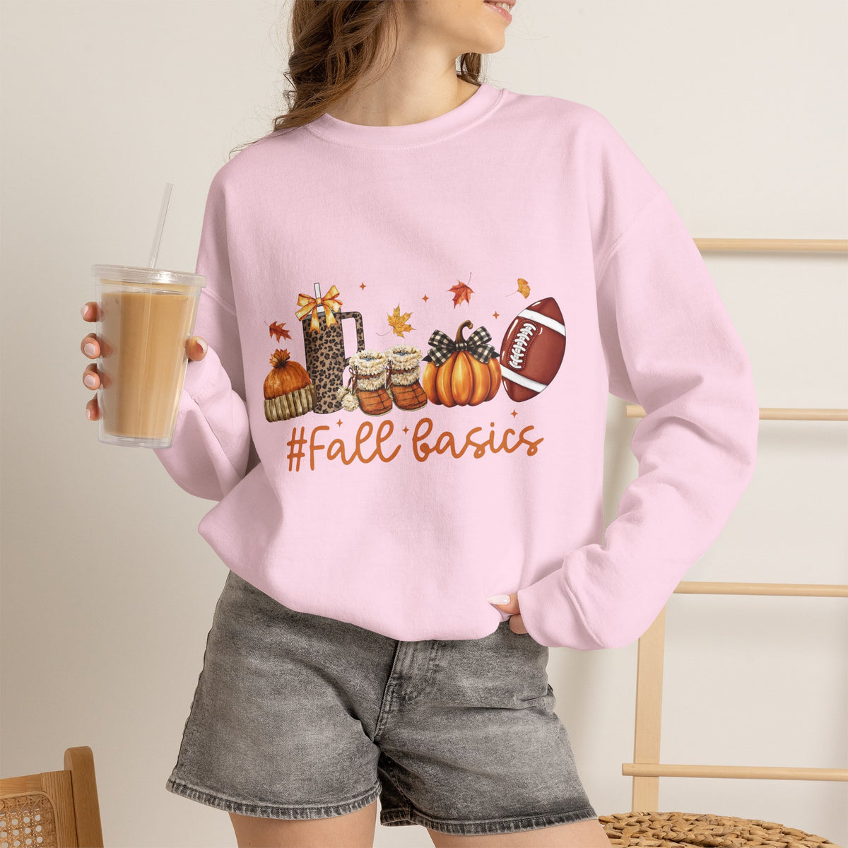 Fall Basics Crewneck Sweatshirt — Cozy Autumn Graphic Sweatshirt with Pumpkins, Coffee & Football
