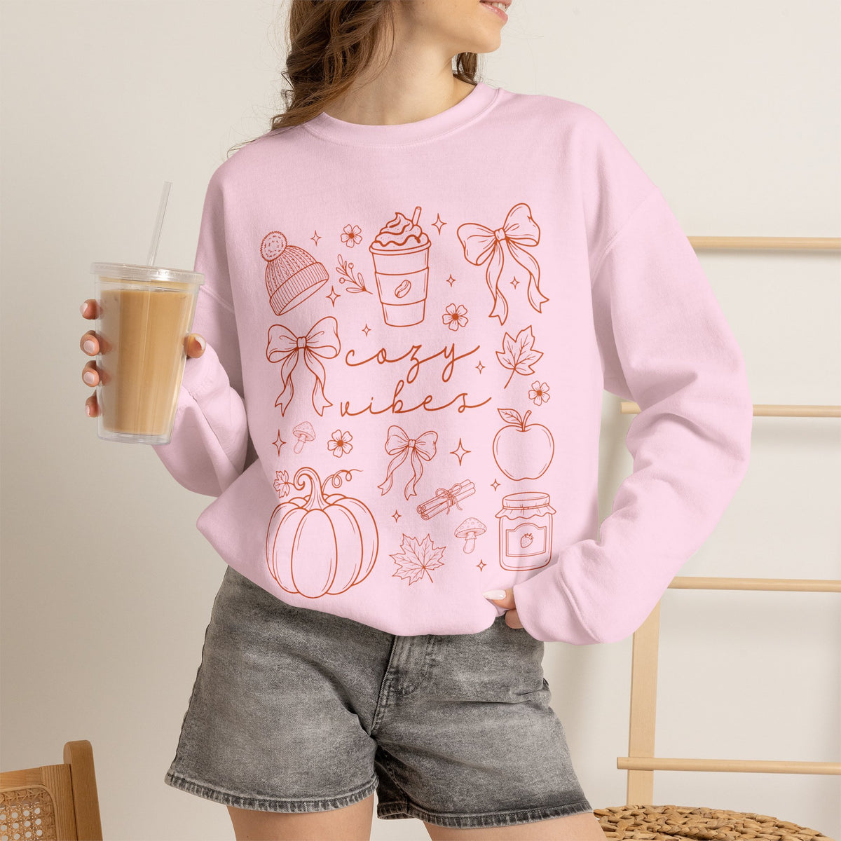 Cozy Vibes Crewneck Sweatshirt — Autumn Doodle Design (Pumpkin, Hot Cocoa, 'Cozy Vibes')