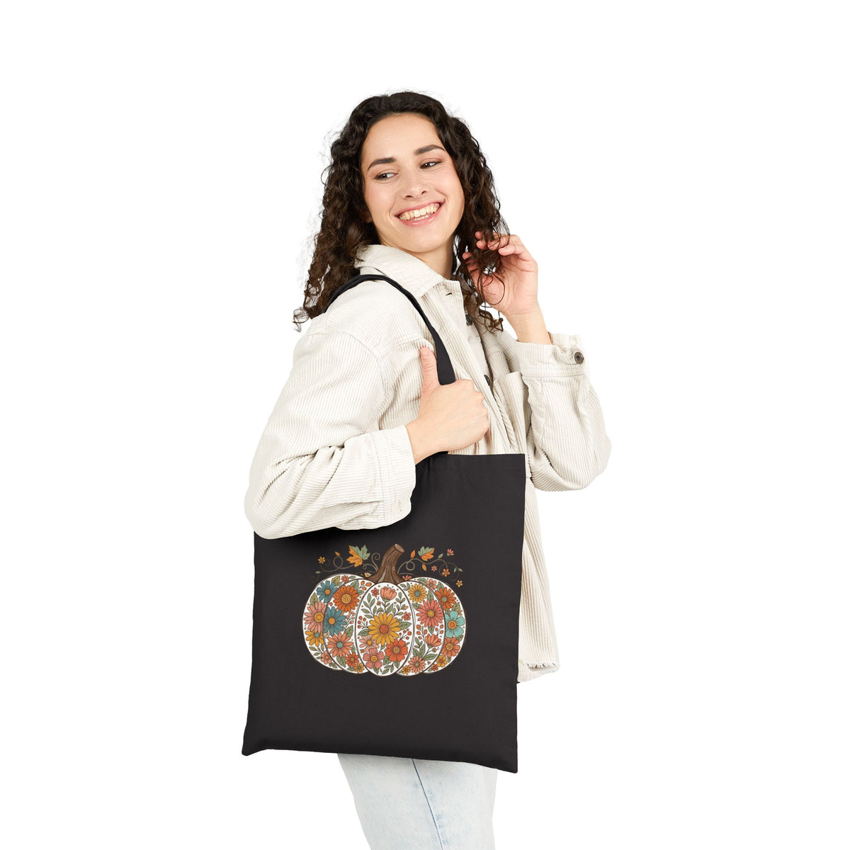 Autumn Floral Pumpkin Tote Bag — Fall Harvest Canvas Shopping Tote