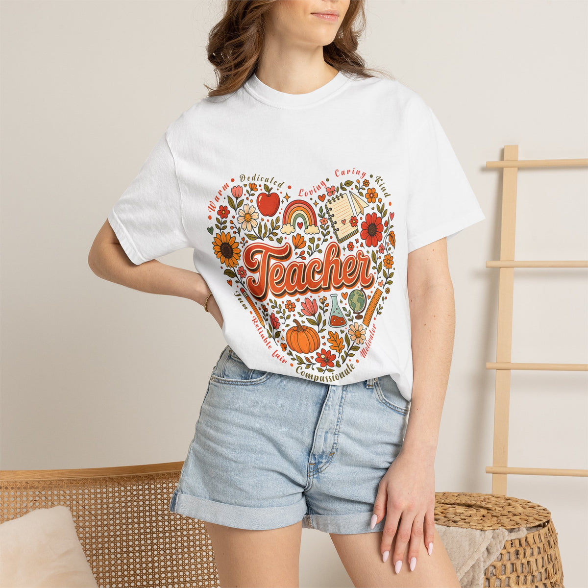 Teacher Heart Autumn Graphic T-Shirt — Fall Apple Pumpkin School Appreciation