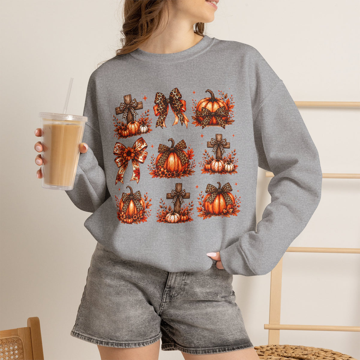 Autumn Pumpkin & Cross Crewneck Sweatshirt