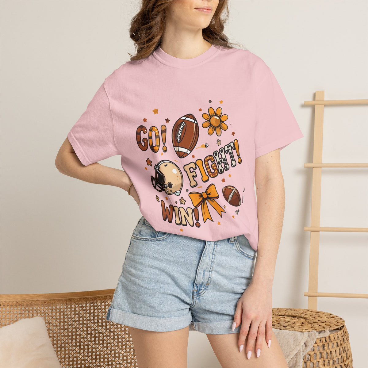 Football Cheerleader Graphic T-Shirt — "Go! Fight! Win!" Game Day Tee