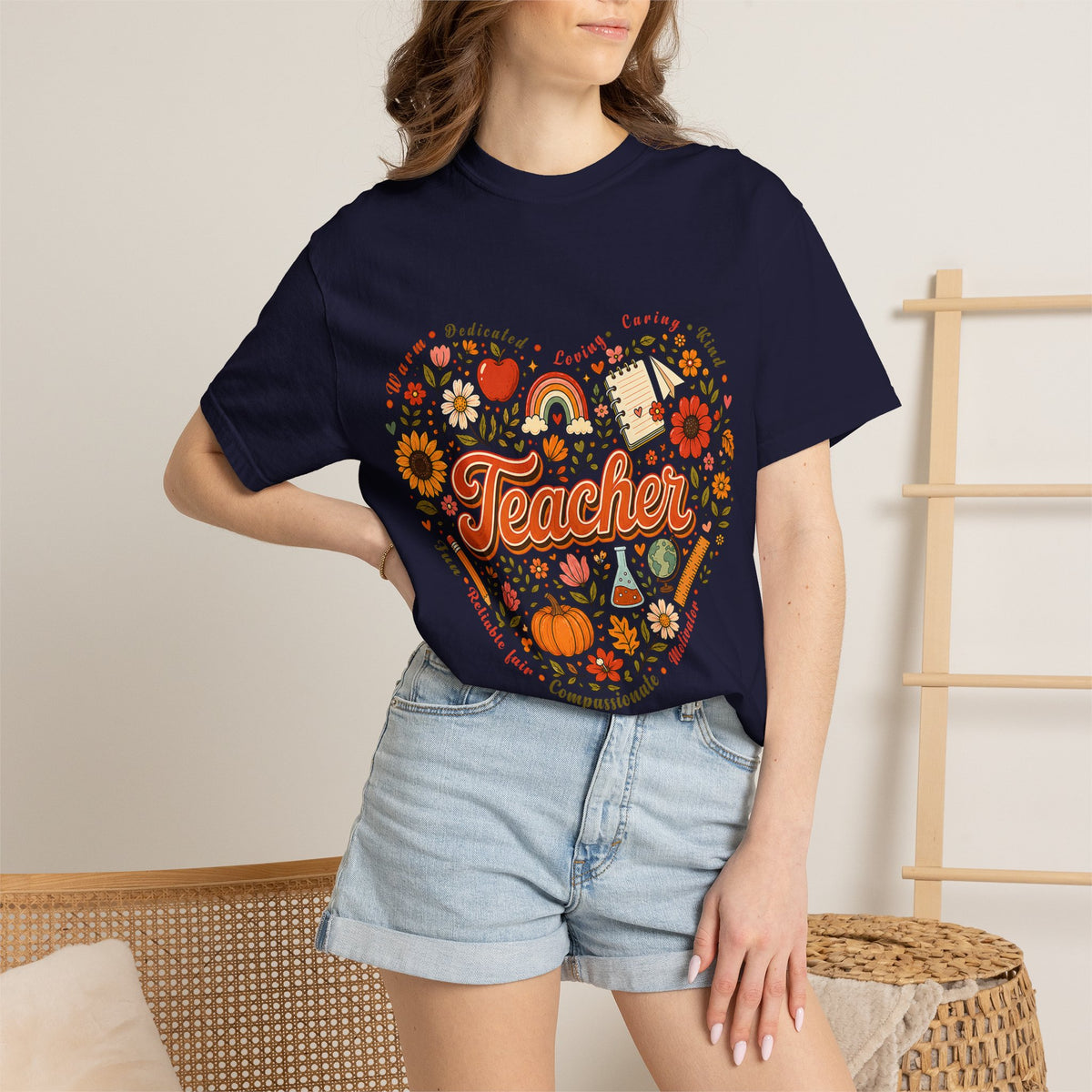 Teacher Heart Autumn Graphic T-Shirt — Fall Apple Pumpkin School Appreciation