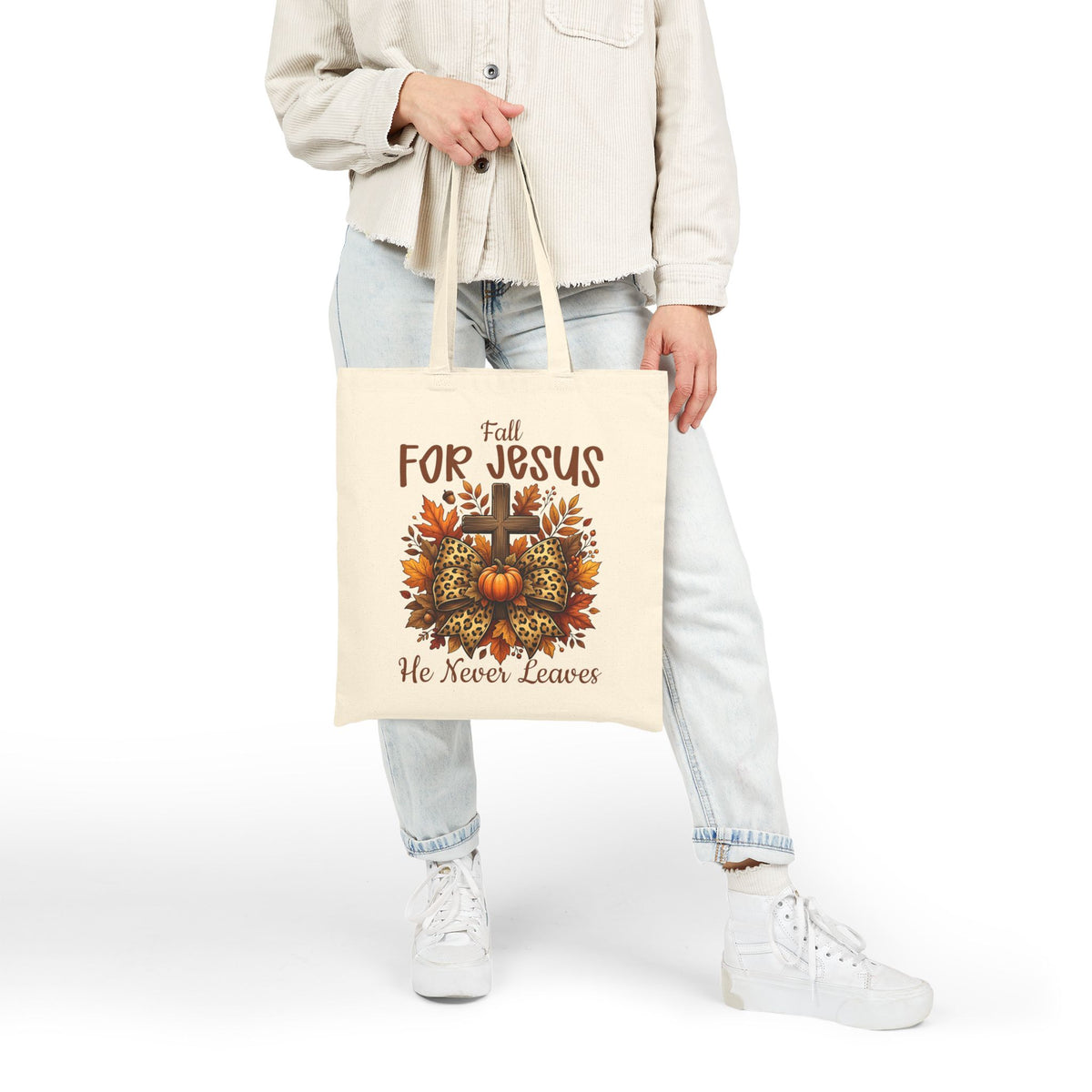 Fall For Jesus Canvas Tote Bag — He Never Leaves Autumn Religious Grocery Shopper
