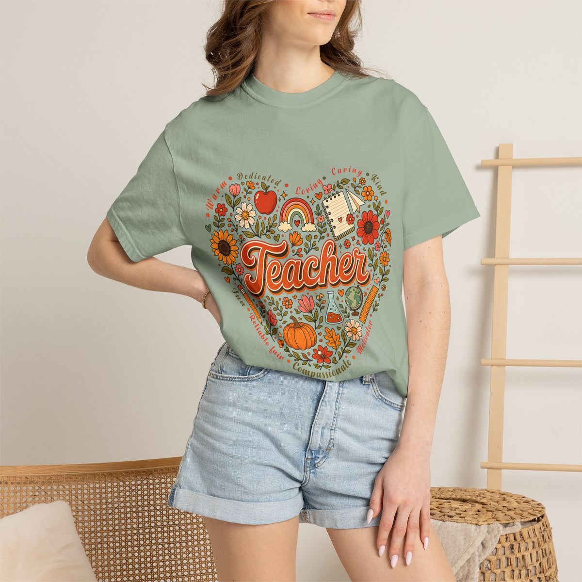 Teacher Heart Autumn Graphic T-Shirt — Fall Apple Pumpkin School Appreciation