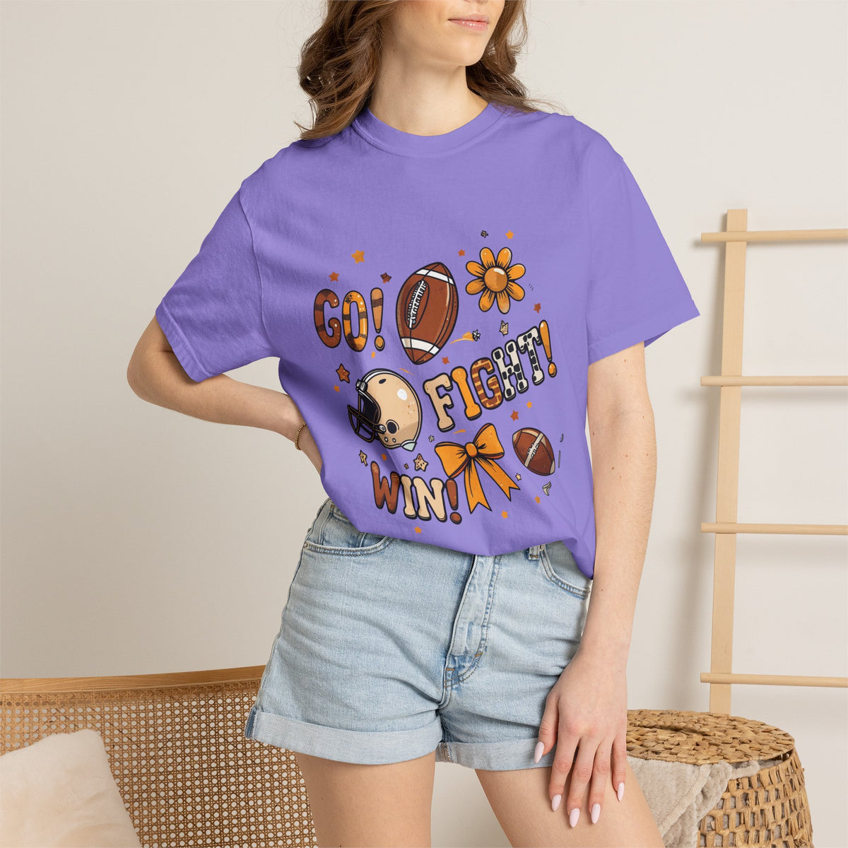 Football Cheerleader Graphic T-Shirt — "Go! Fight! Win!" Game Day Tee