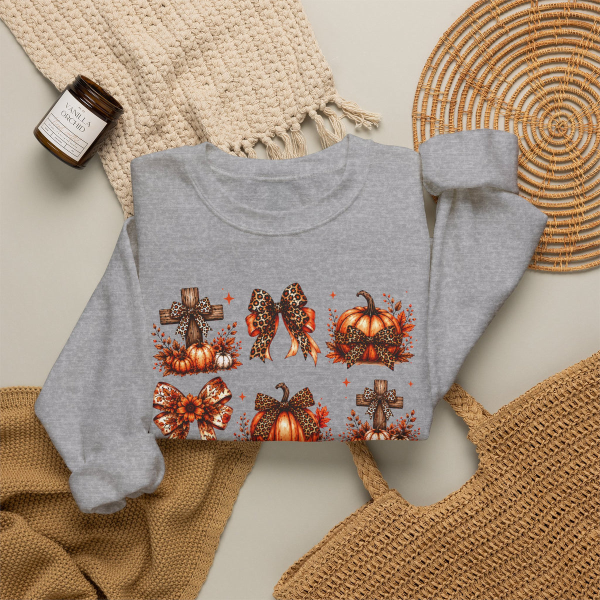 Autumn Pumpkin & Cross Crewneck Sweatshirt