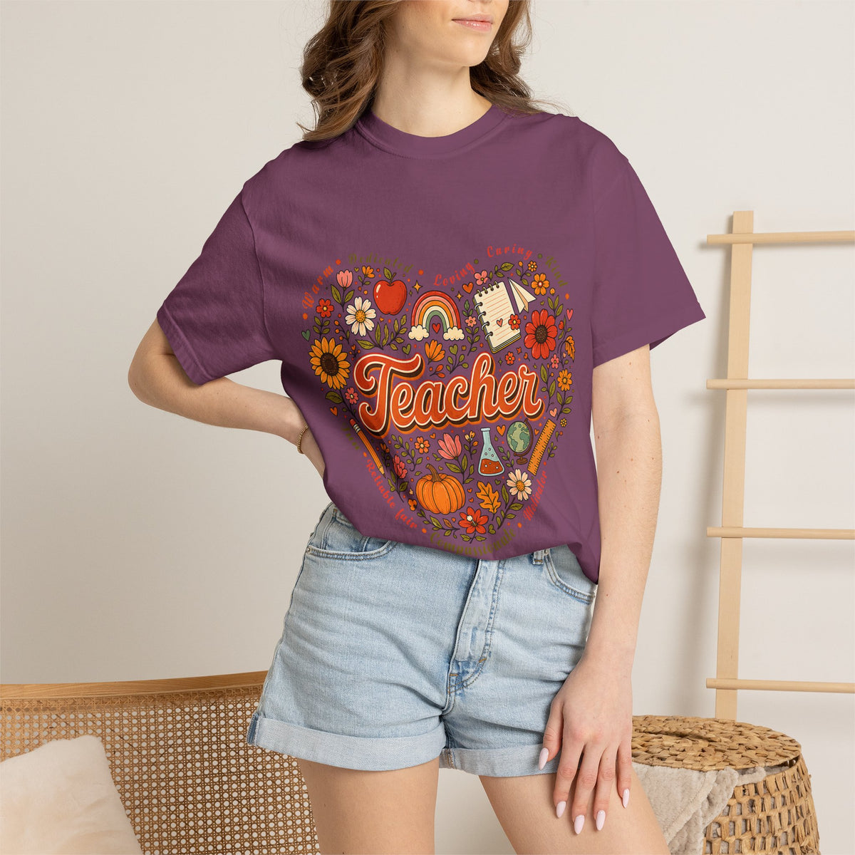 Teacher Heart Autumn Graphic T-Shirt — Fall Apple Pumpkin School Appreciation