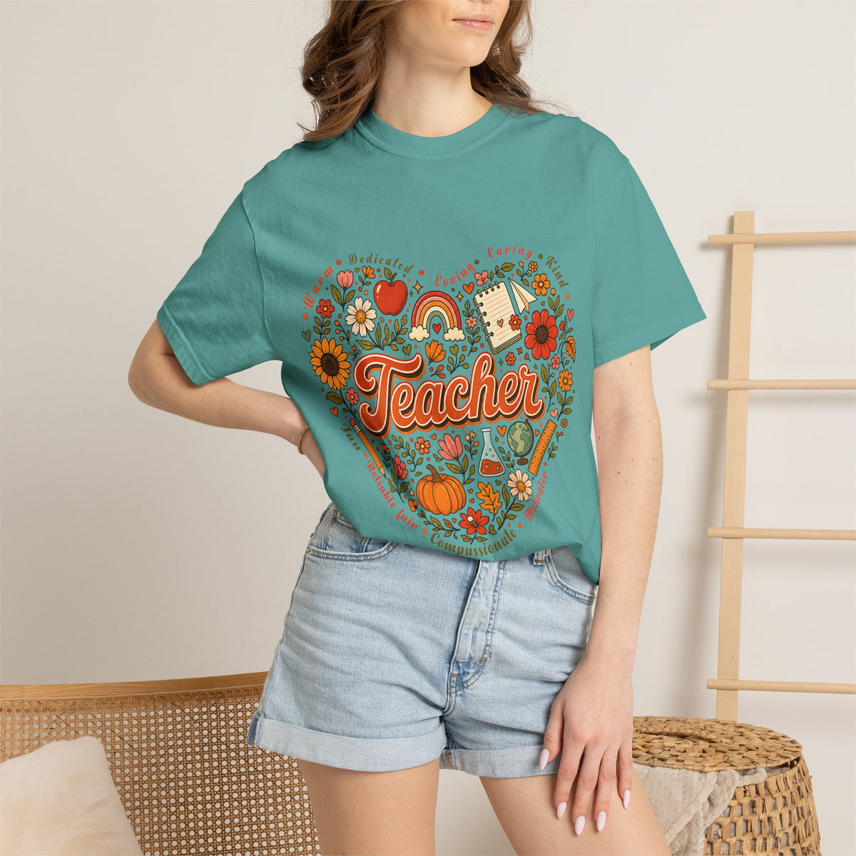Teacher Heart Autumn Graphic T-Shirt — Fall Apple Pumpkin School Appreciation