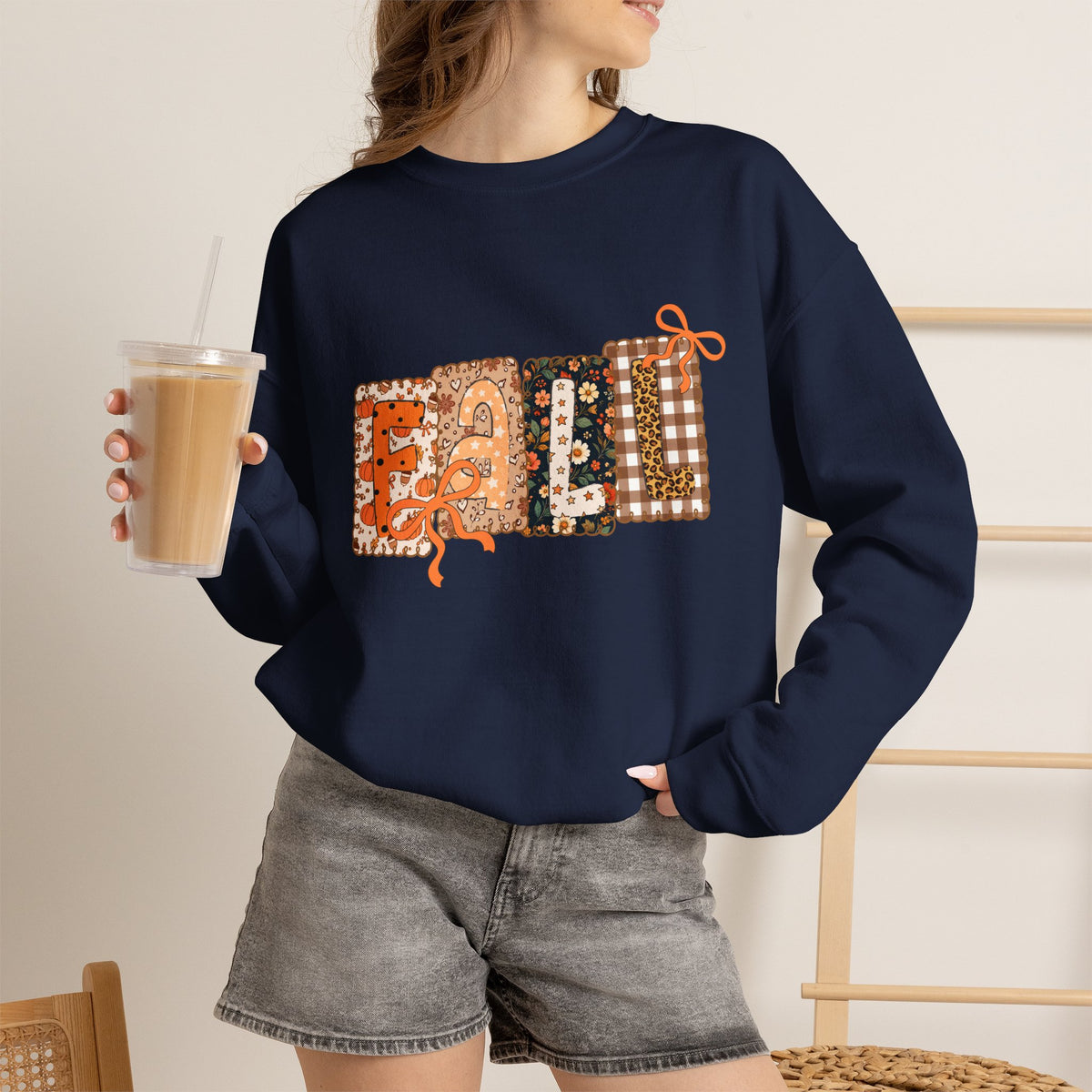 Crewneck Sweatshirt - Cozy Patchwork 'Fall Vibes' Floral Plaid Design