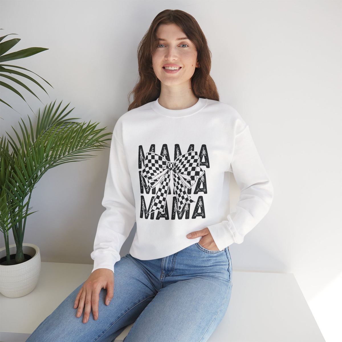 Mama Crewneck Sweatshirt — Checkerboard Bow Graphic