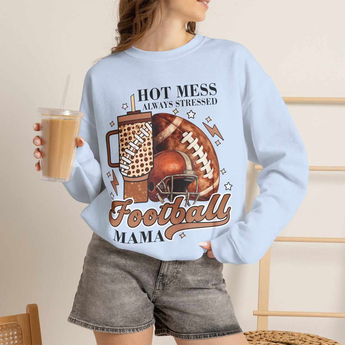 Football Mama Sweatshirt - "Hot Mess Always Stressed" Cozy Game Day Crewneck