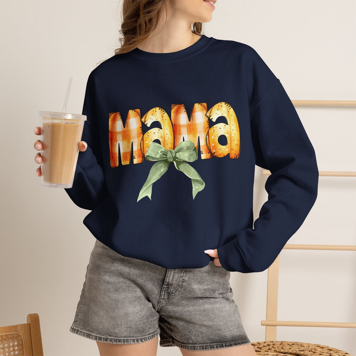 Mama Pumpkin Crewneck Sweatshirt — Autumn Mom Gift with Green Bow