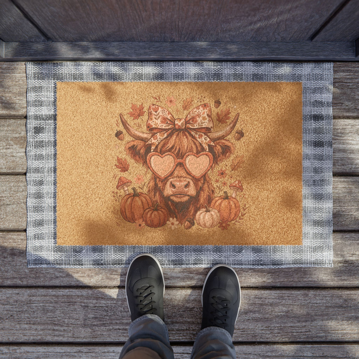 Autumn Cow Doormat — Cute Highland Cow with Pumpkins Fall Welcome Mat