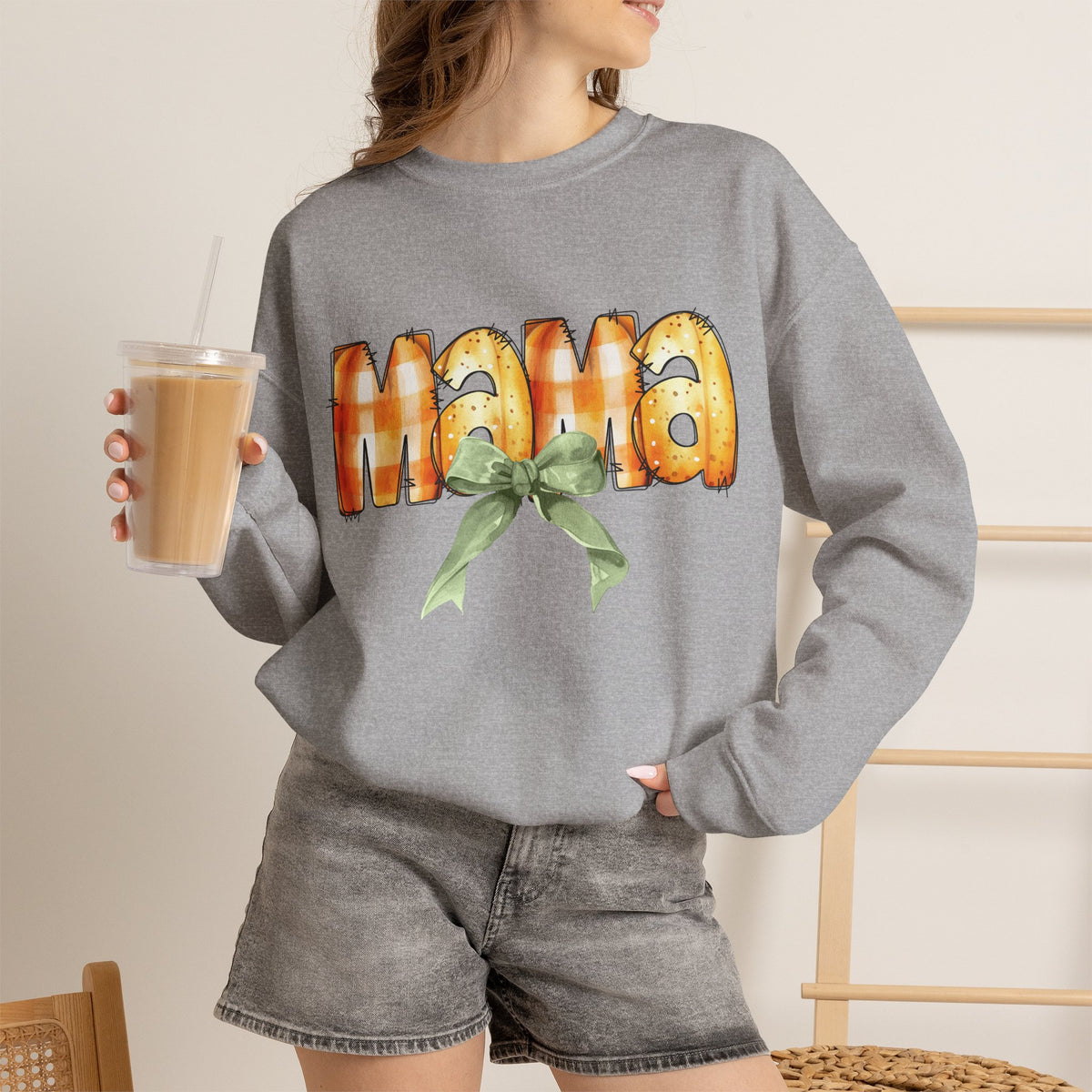 Mama Pumpkin Crewneck Sweatshirt — Autumn Mom Gift with Green Bow